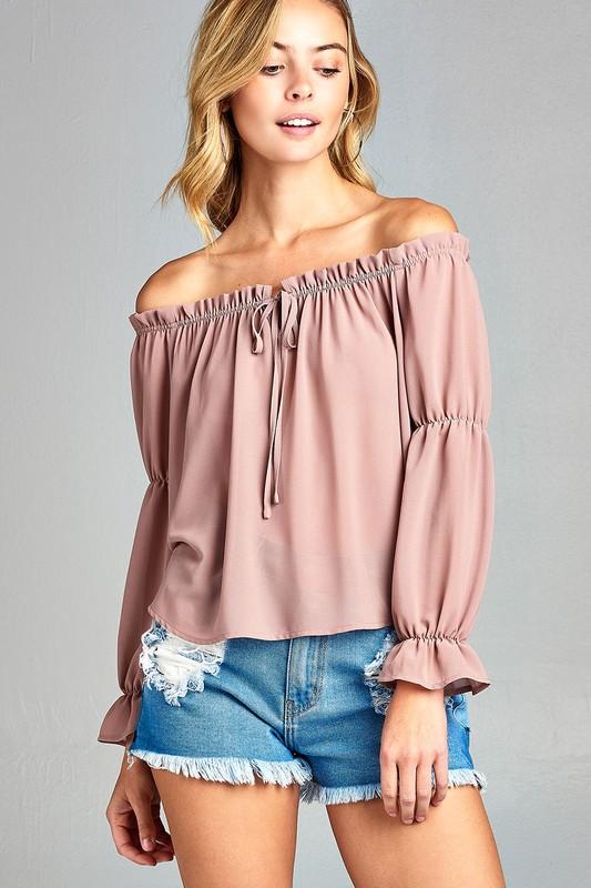 Women's Puff Long Sleeve Ruffled Front Tie Off Shoulder Top