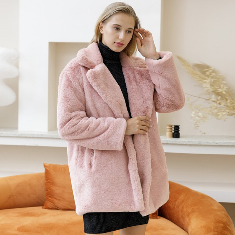 2022 Autumn Winter New Women Faux Fur Coat Elegant Fluffy Thick Warm