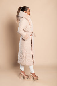 Long winter padded jacket with faux fur, beige