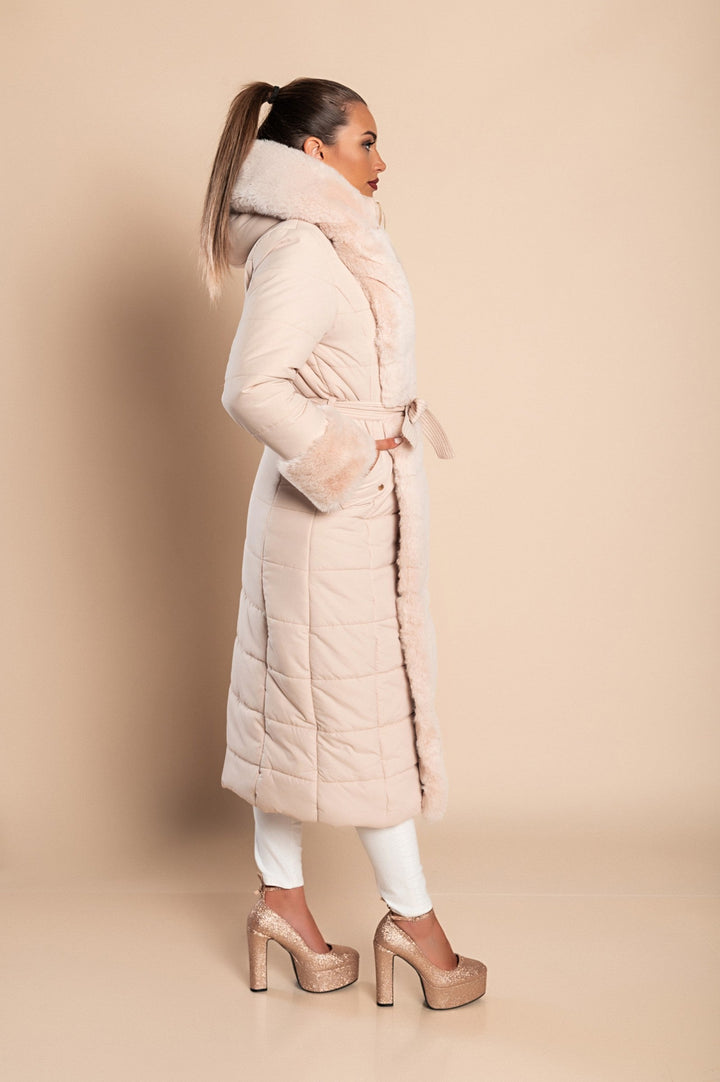 Long winter padded jacket with faux fur, beige