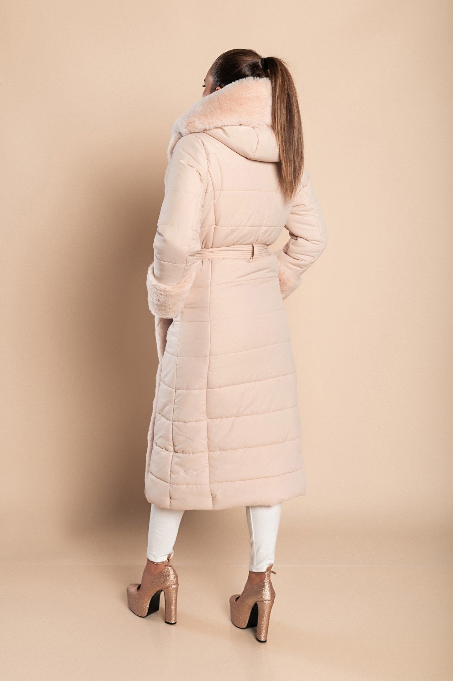 Long winter padded jacket with faux fur, beige