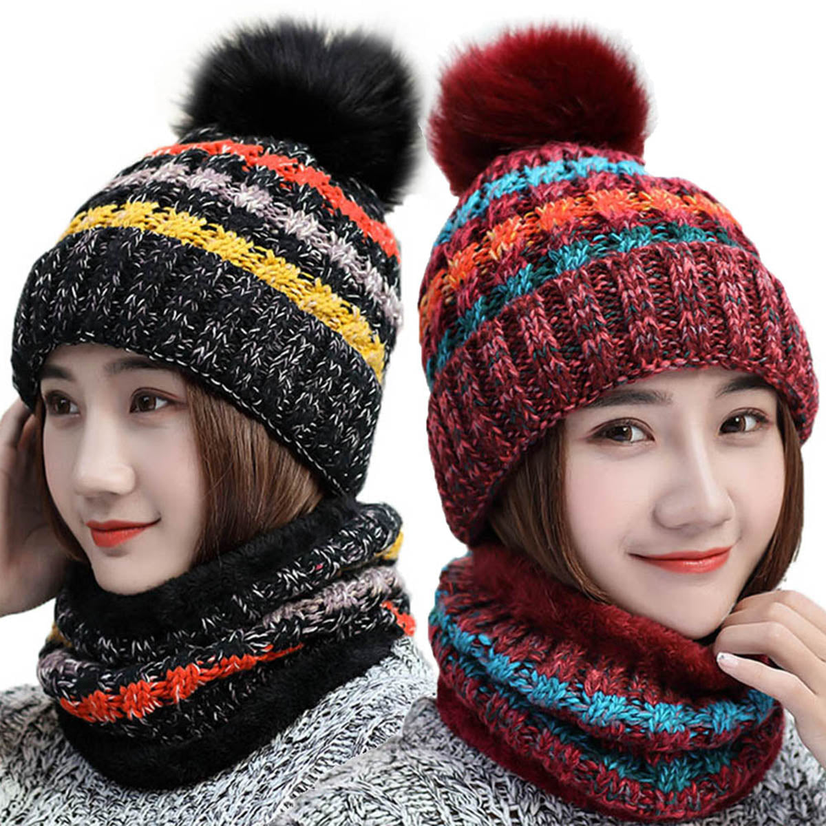 2-Pieces Winter Beanie Hat Scarf Set Warm Fuzzy Knit Hat For Women