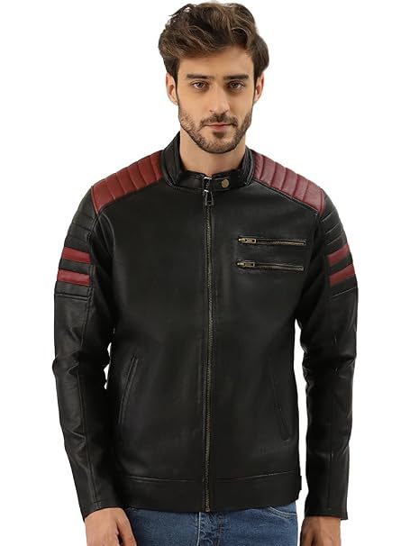 Men's Leather Jacket for Winters Stripped Sleeves Design black&Red